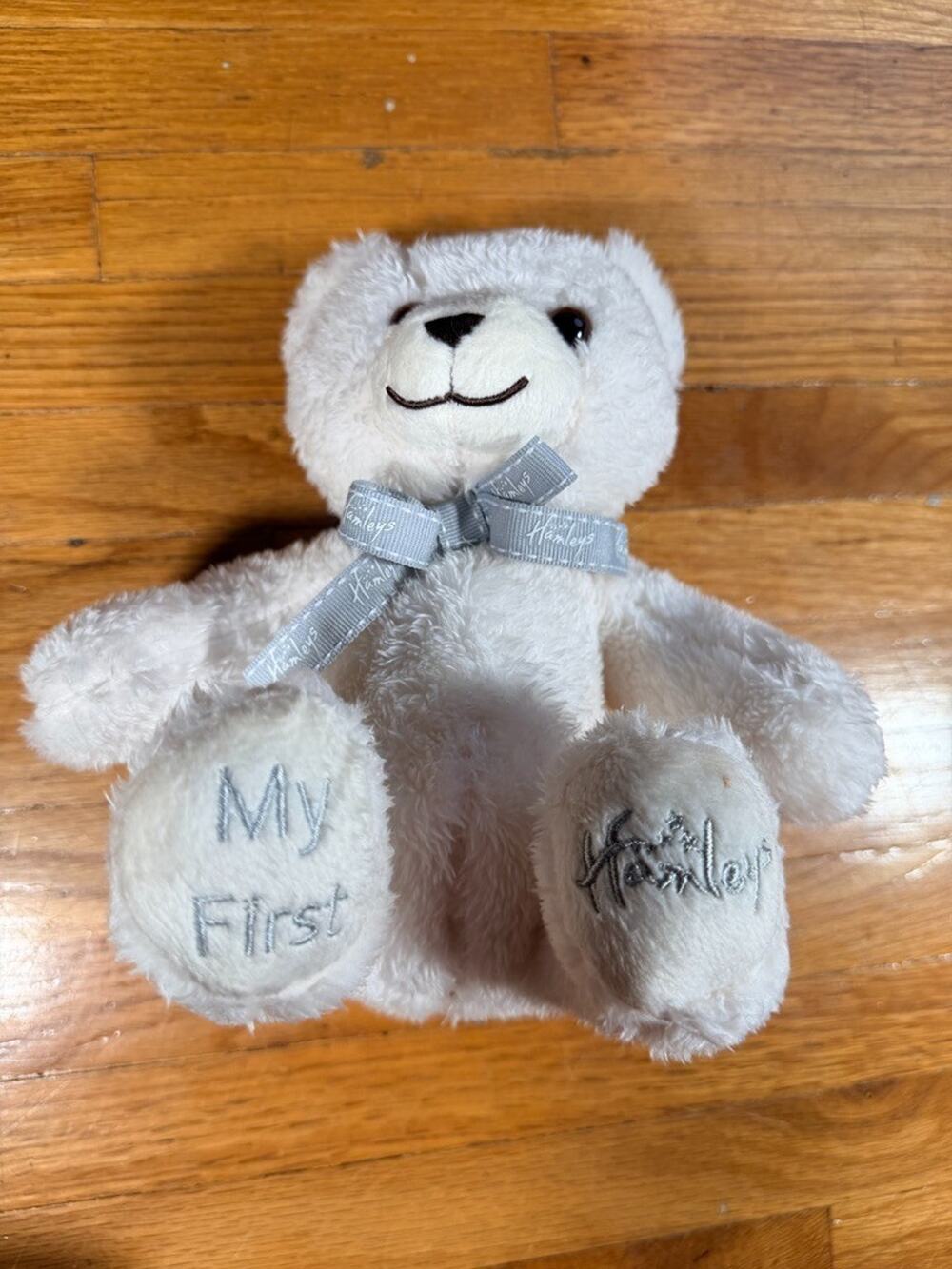 Hamleys My First Teddy Bear White Plush Gray Ribbon Bow Stuffed Animal